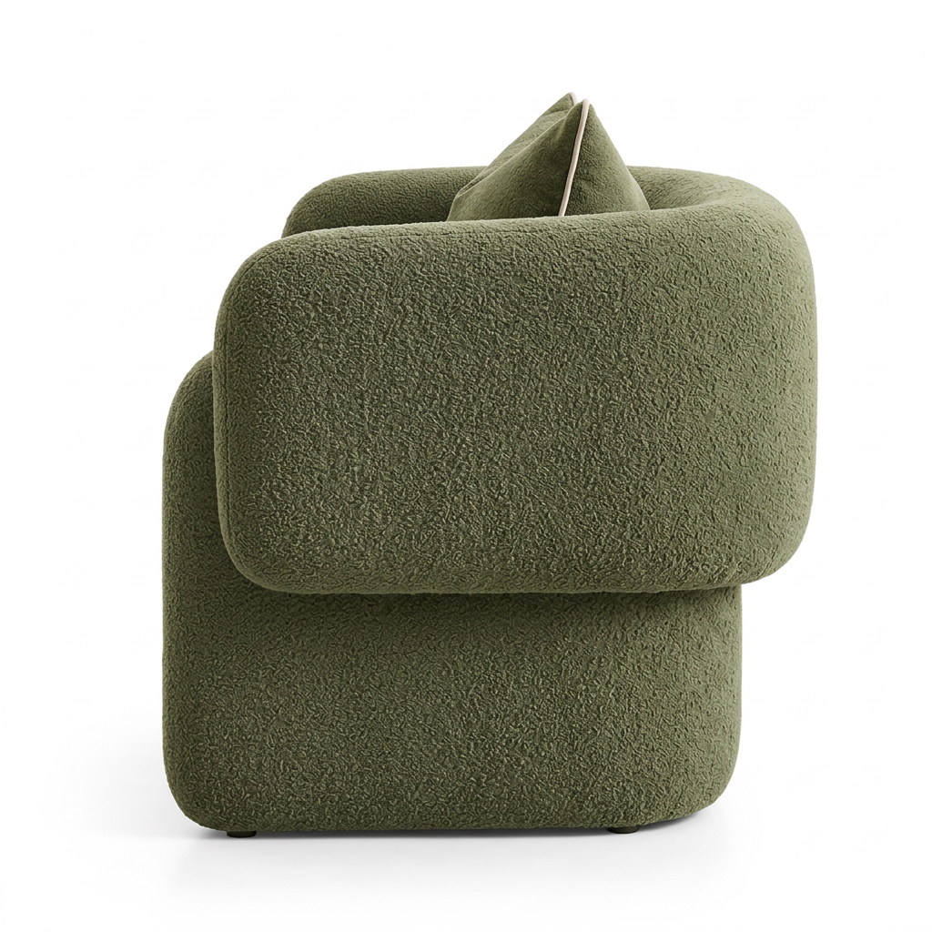 Riva olive green bouclé armchair left side on white