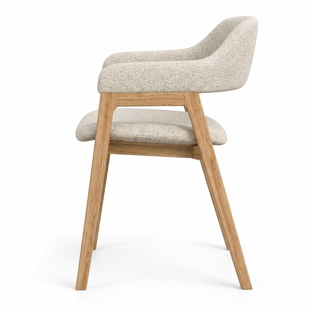 Elaris oat boucle and oak dining chair, left view on white