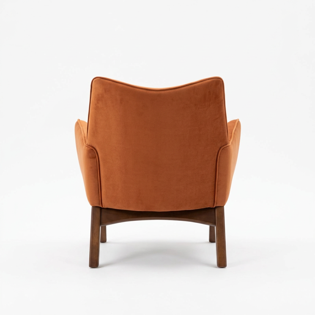 Renelle orange velvet armchair, rear view on white