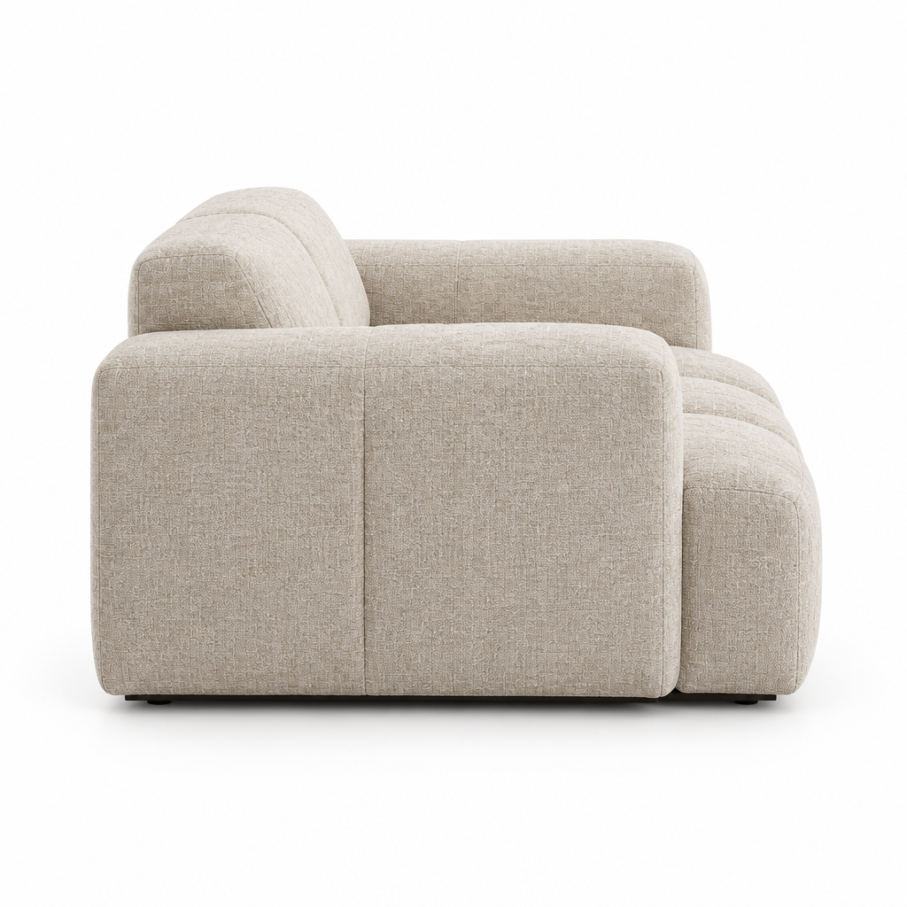 Oriana Tufted Chenille Arm Chair, oat upholstery, side profile on white