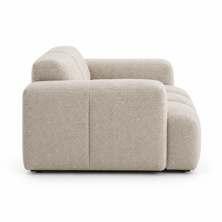 Oriana Tufted Chenille Arm Chair, oat upholstery, side profile on white