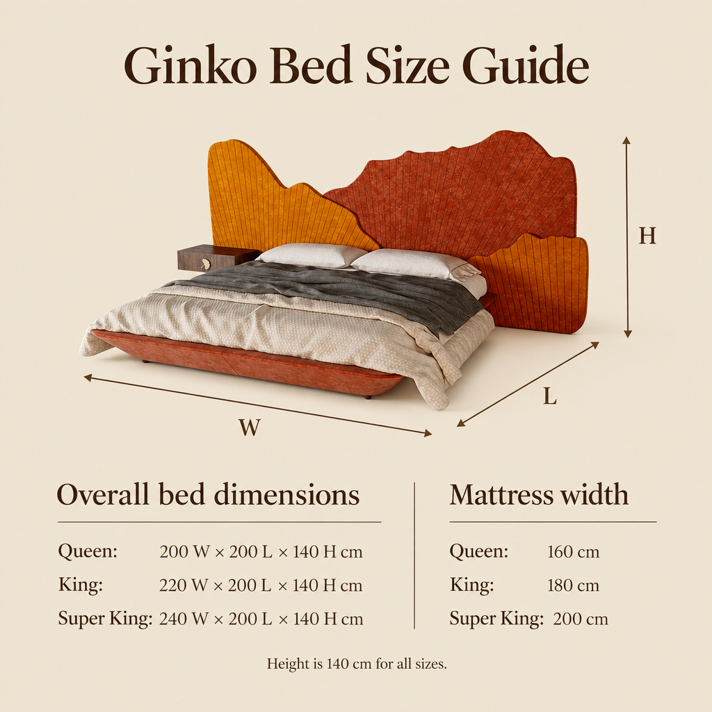 Ginko overall dimensions: Queen 200 x 200 x 140 cm, King 220 x 200 x 140 cm, Super King 240 x 200 x 140 cm; mattress widths 160, 180 and 200 cm
