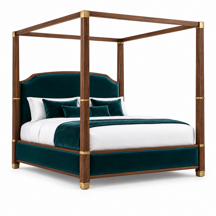 Full beige-and-gold canopy bed with natural wood frame and upholstered headboard on a white background