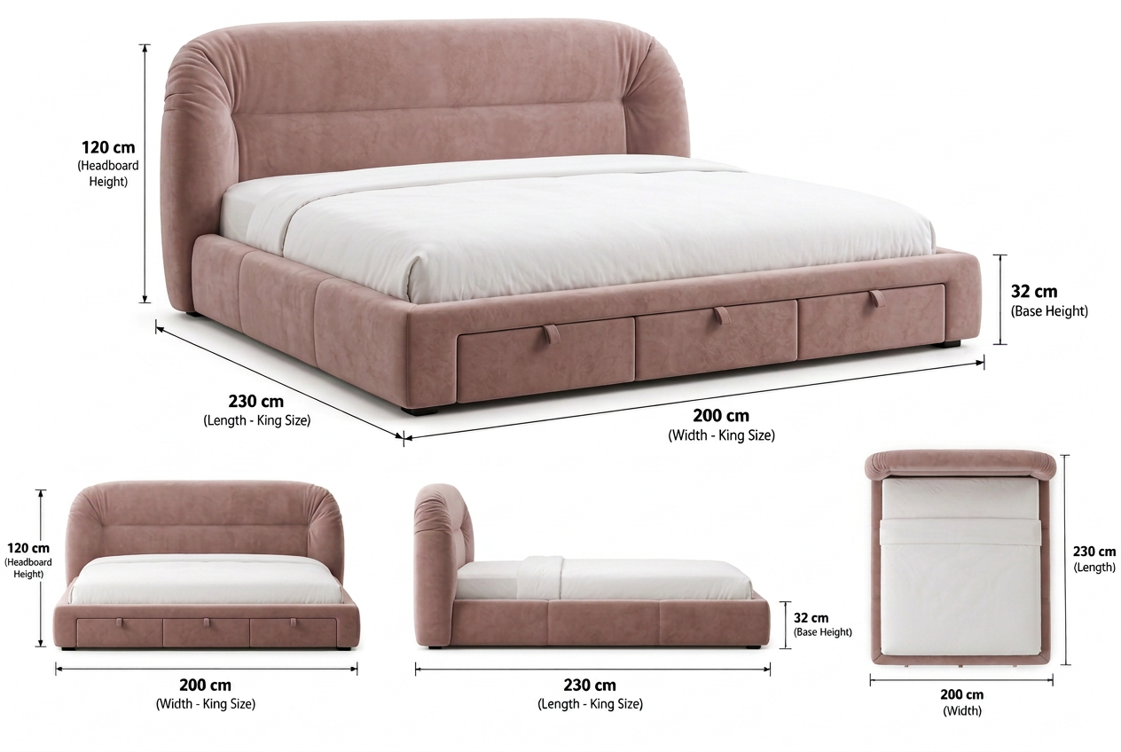 Varenna King dimension guide without pillows, showing the full upholstered headboard