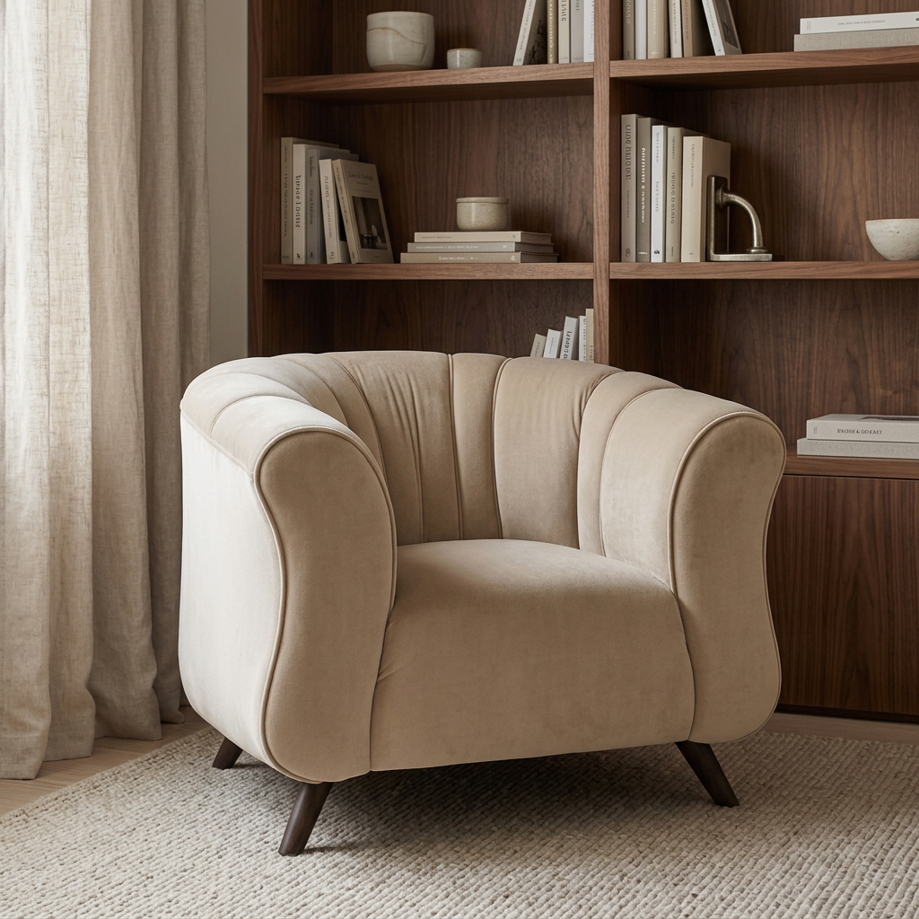 Bellora beige armchair beside walnut shelving in a reading room