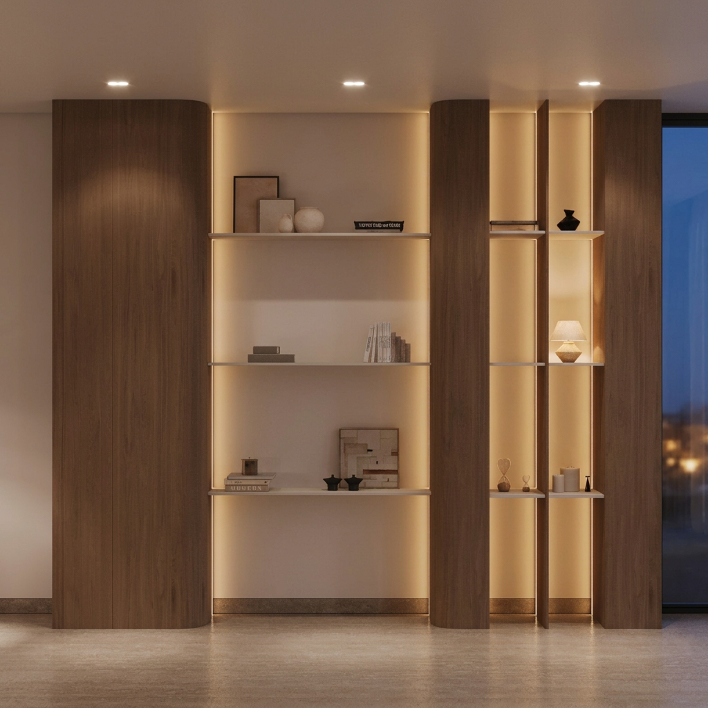 Elara Shelving Wall evening view