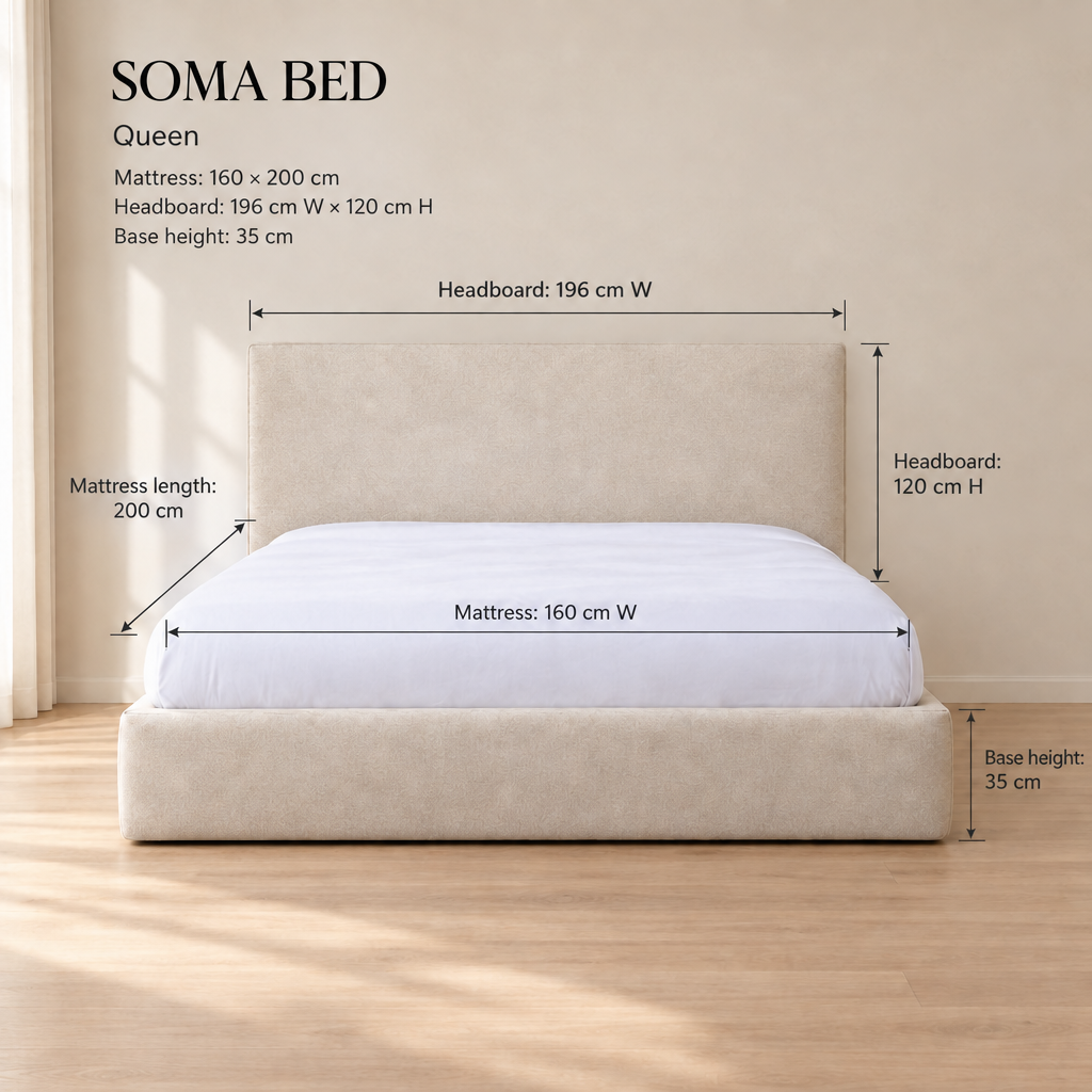 Soma Queen bed dimensions: mattress 160 x 200 cm, headboard 196 W x 120 H cm, base height 35 cm