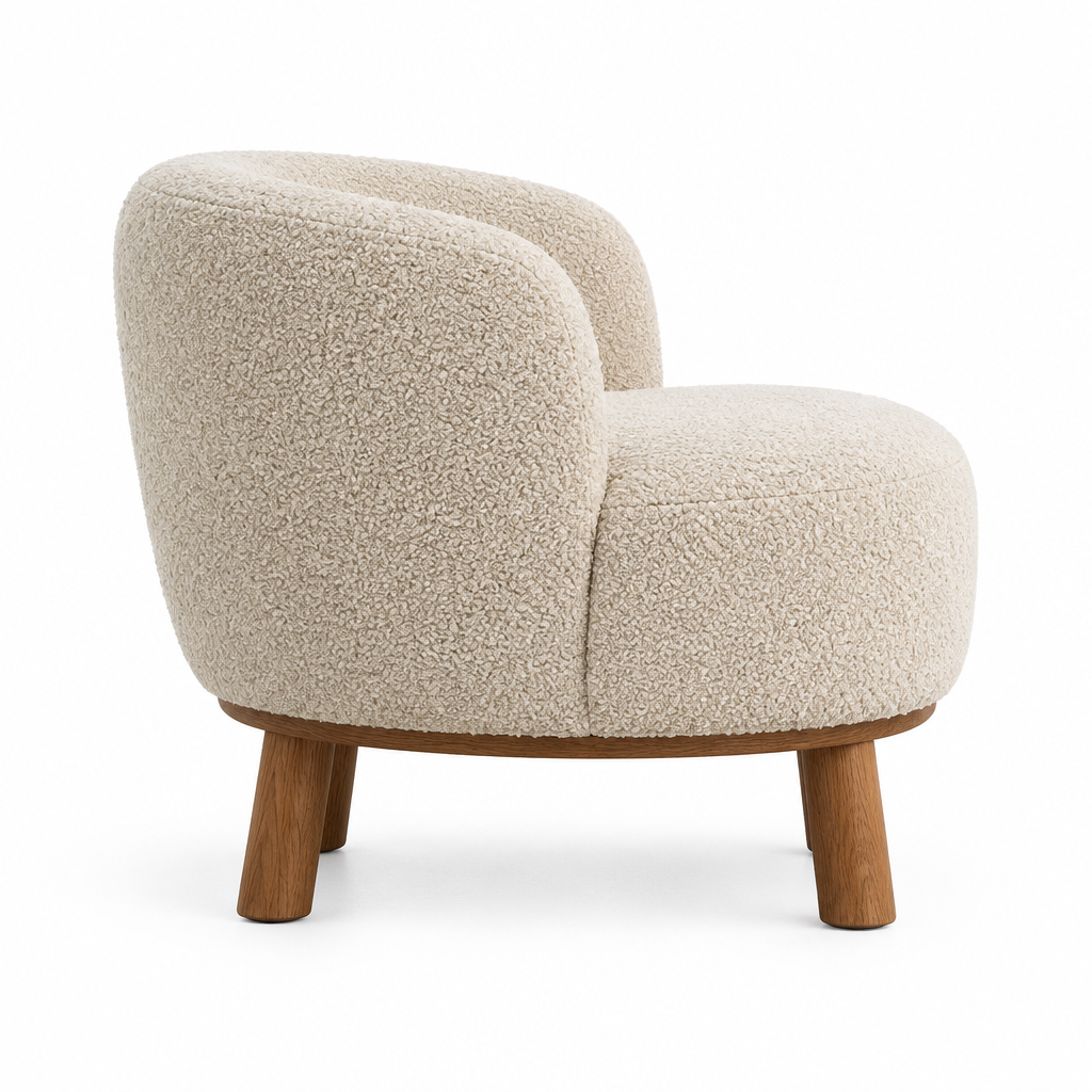 Marlow Bouclé Barrel Arm Chair side view in ivory on white