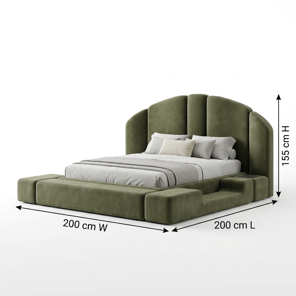 Vela bed dimension guide 200 W by 200 L by 155 H cm