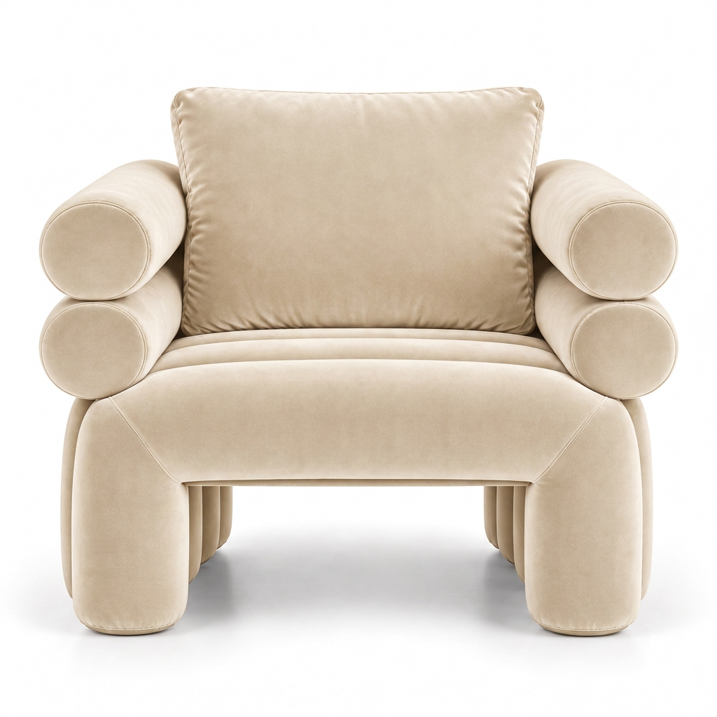 Valentino warm ivory bolster-arm lounge chair front view on white