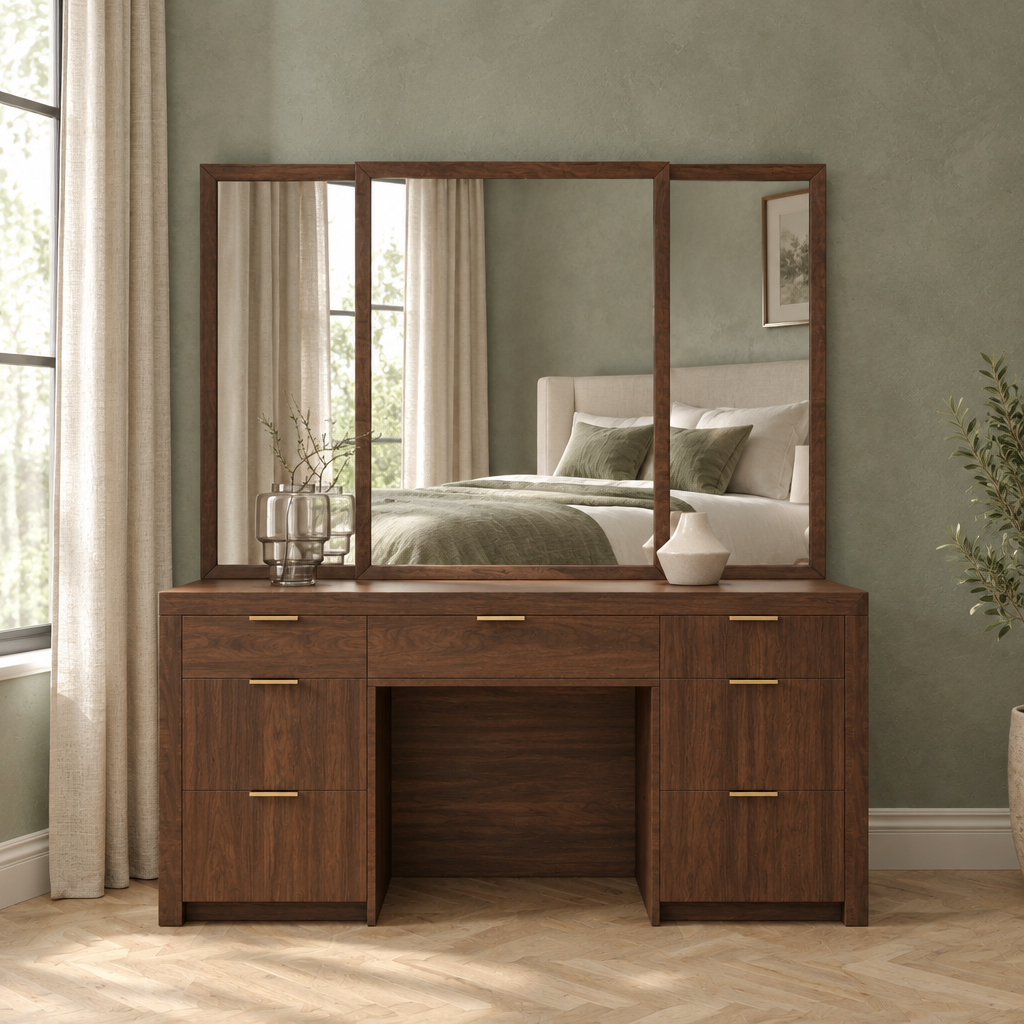Walnut-brown Madison Vanity Dresser in a sage-green bedroom, front view