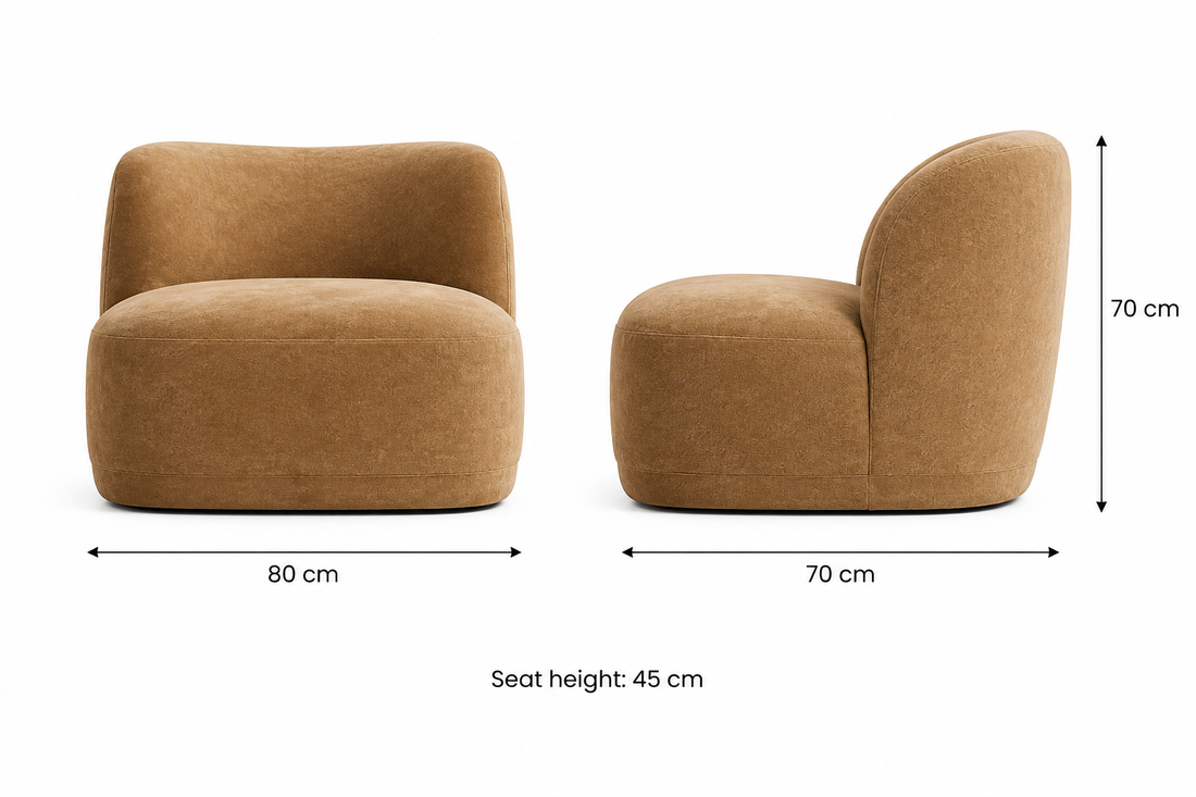 Luma Curved Velvet Arm Chair: 80 cm wide, 70 cm deep, 70 cm high, 45 cm seat height