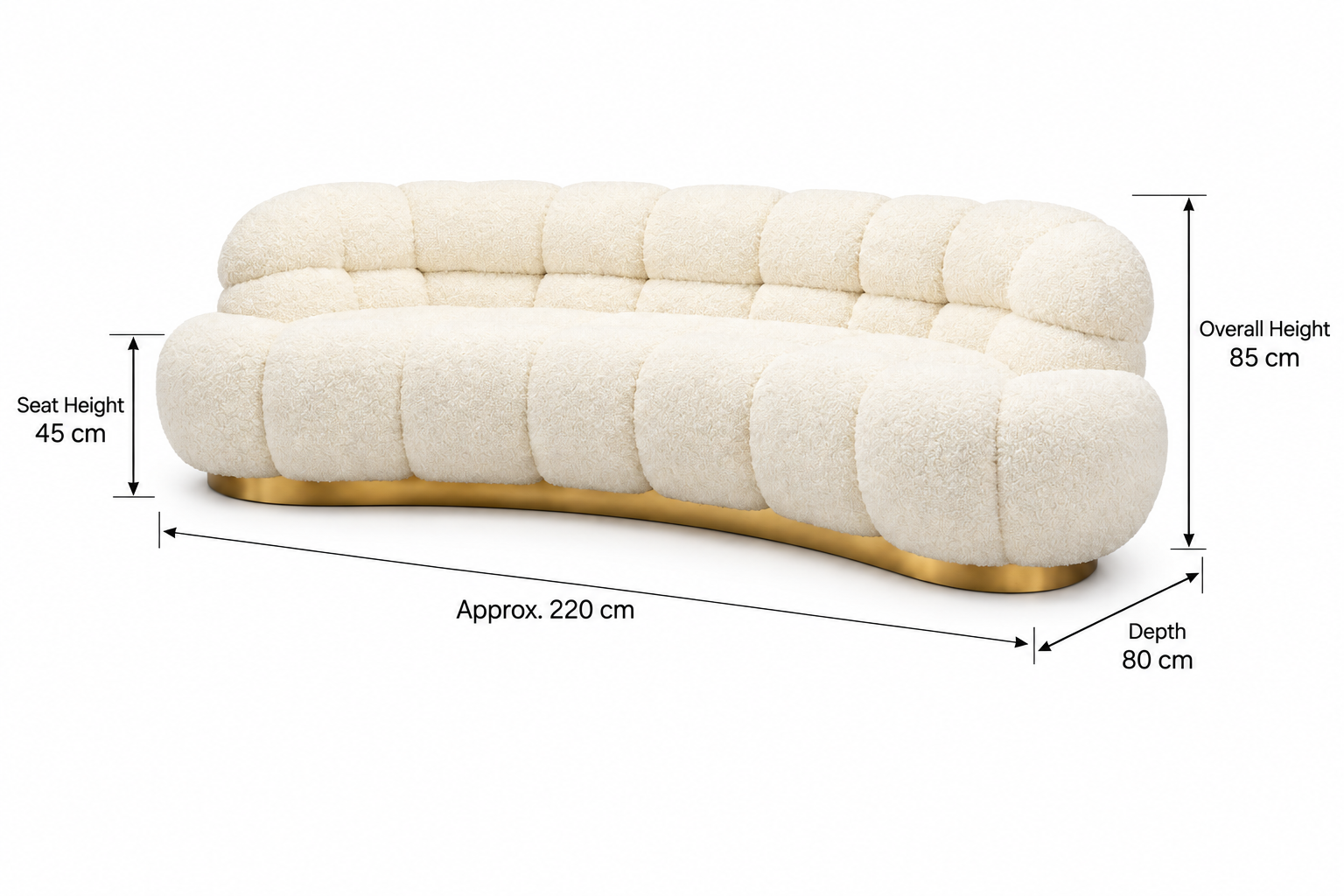 Aveline curved sofa dimensions: approximately 220 cm length, 80 cm depth, 45 cm seat height and 85 cm overall height