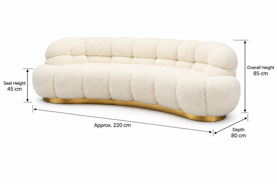 Aveline curved sofa dimensions: approximately 220 cm length, 80 cm depth, 45 cm seat height and 85 cm overall height