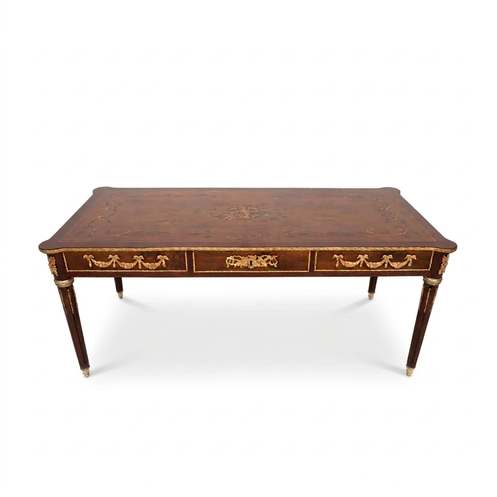 Montreval mahogany marquetry writing desk, elevated front view on white