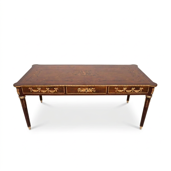 Montreval mahogany marquetry writing desk, elevated front view on white