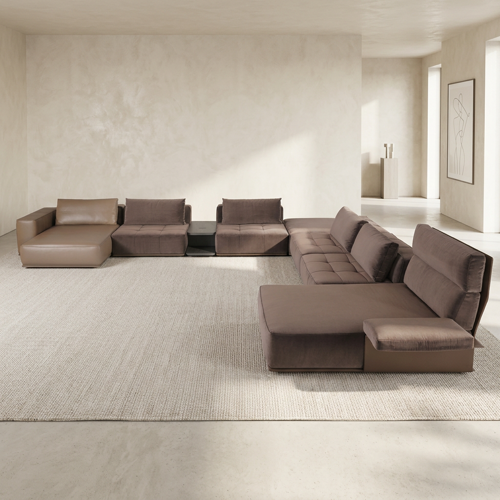 Avelis brown linen corner sectional sofa in a neutral living room