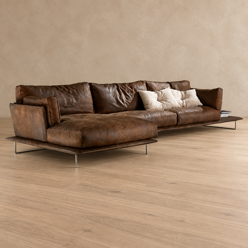 Torin brown leather corner sofa angled view