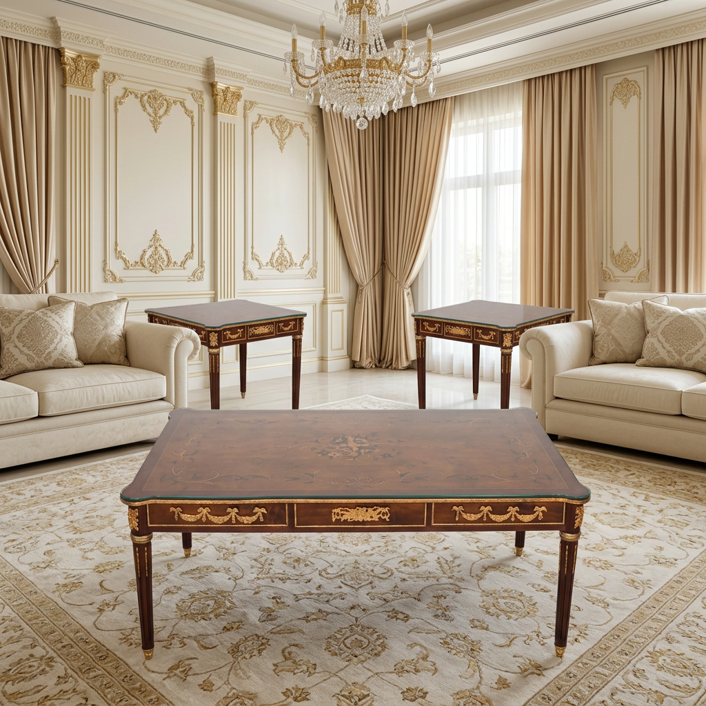 Neoclassical three-piece table set displayed in a luxury majlis