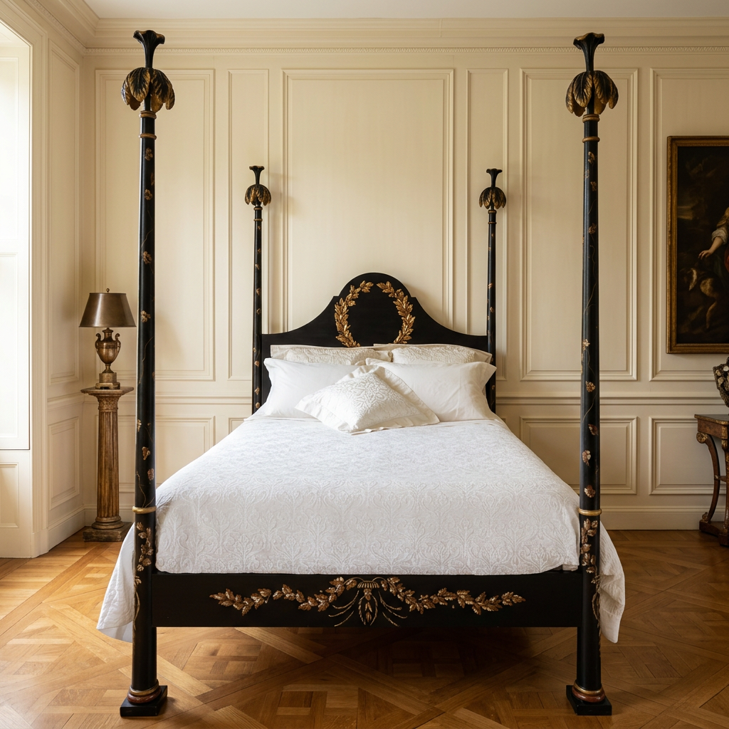 Aurel black and gold four-poster bed in a classical bedroom