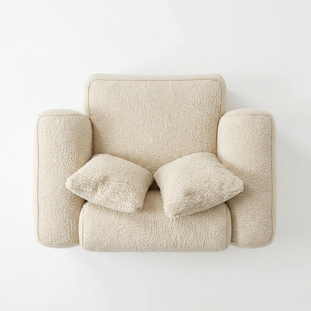 AI-reconstructed overhead view of Liora ivory armchair with two cushions