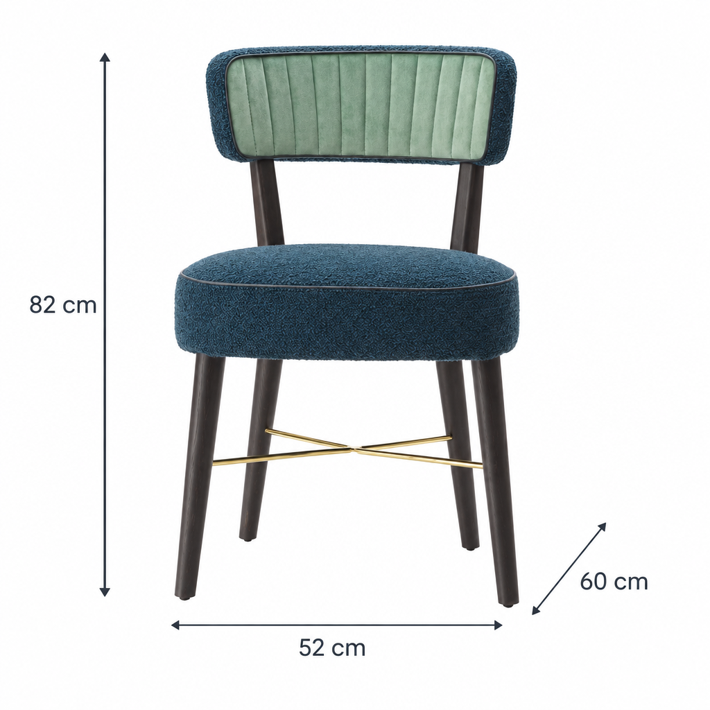 Mira dining chair dimension arrows: width 52 cm, depth 60 cm, height 82 cm