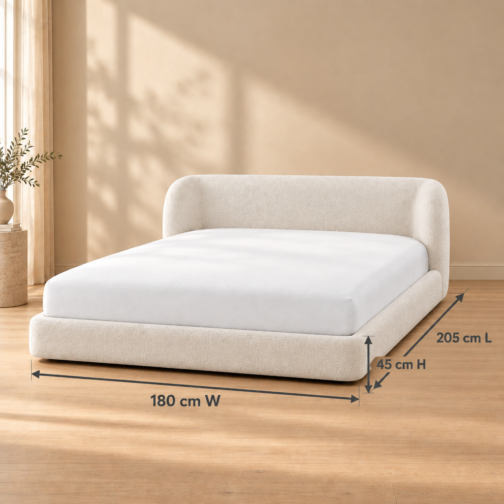 Solene bed dimensions: 180 cm width, 205 cm length, 45 cm bed base height
