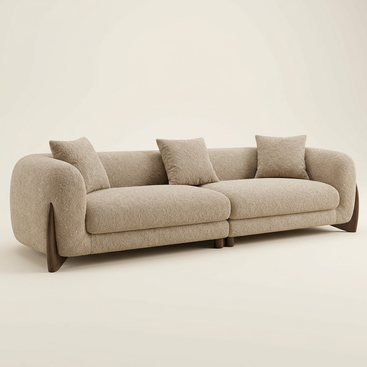 Oria beige boucle wood-base sofa angled view