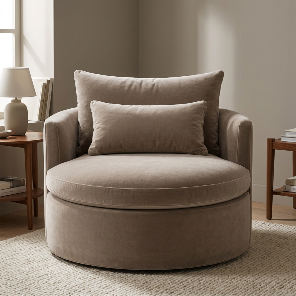Orla taupe velvet round armchair in a warm reading corner
