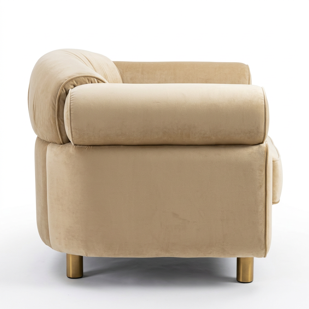 AI-reconstructed left-side view of Elowen beige rounded-arm chair