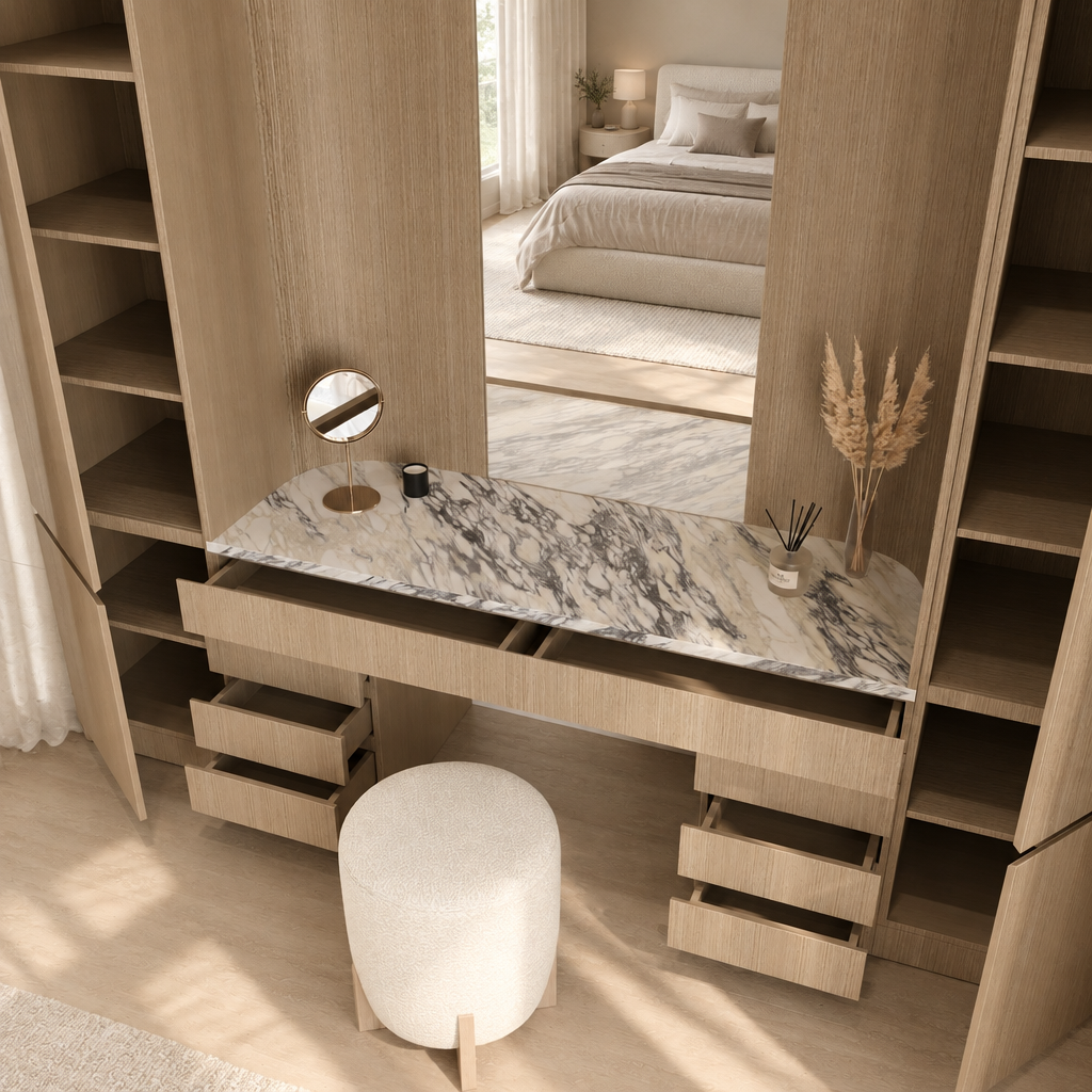 Verona vanity with cupboards and drawers open, storage detail