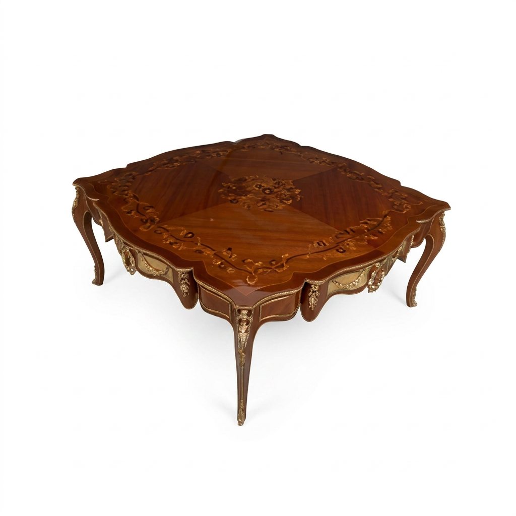 Orvienne square marquetry coffee table with brass panels, elevated corner view