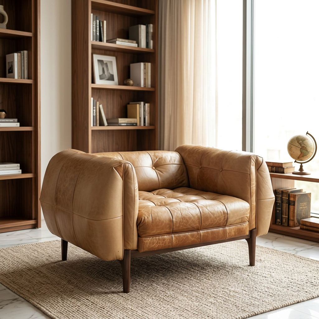 Renwick tan tufted armchair in a warm library with walnut shelving