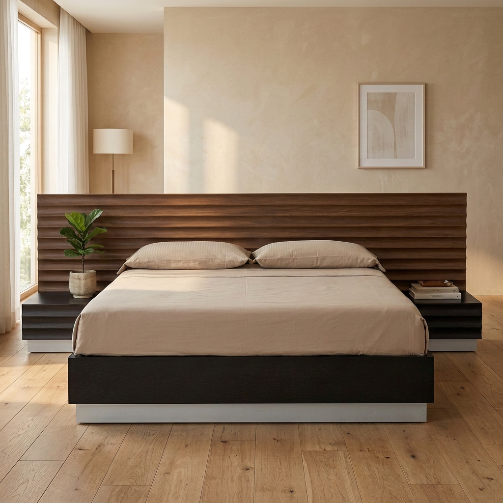 Riven bed with walnut-brown painted ridged headboard in a bedroom