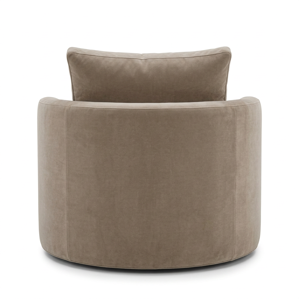 AI-reconstructed rear view of Orla taupe velvet round armchair on white