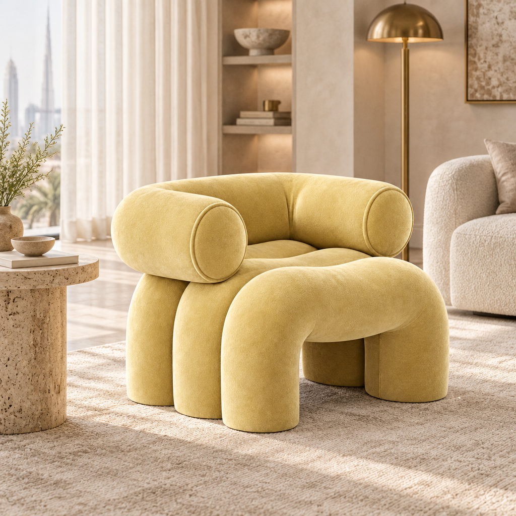 Butter-yellow Cira velvet armchair styled in a luxury living room