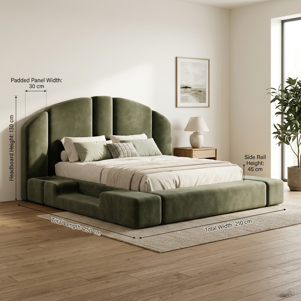 Vela green upholstered bed in a styled bedroom