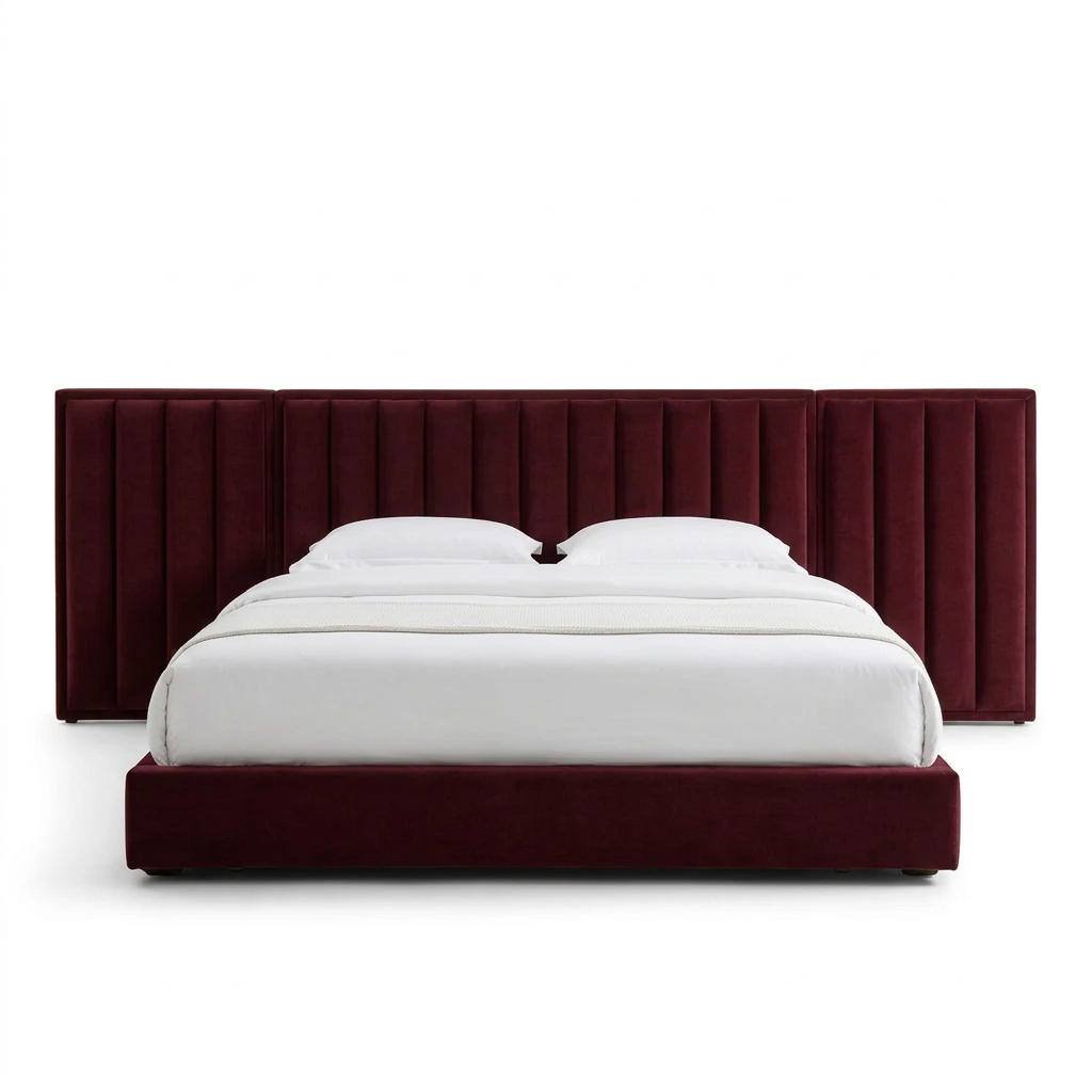 Tower channel-tufted upholstered bed in dark red, front view