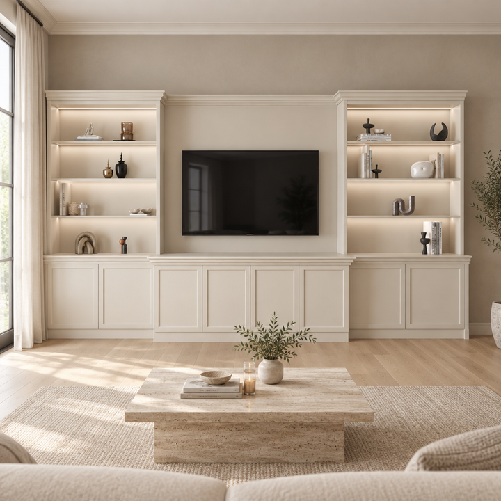 Chelsea cream bespoke TV media wall in a neutral living room, front view without screen branding