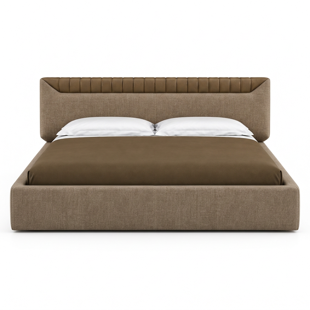 Libra bed in light brown woven fabric with contrasting brown headboard accent