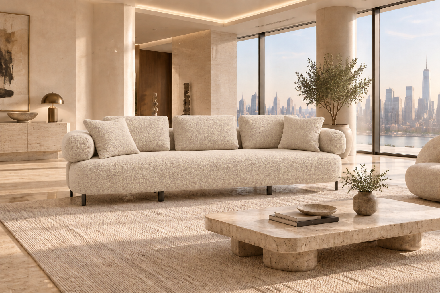 Elara sofa in warm beige bouclé in a luxury modern living room