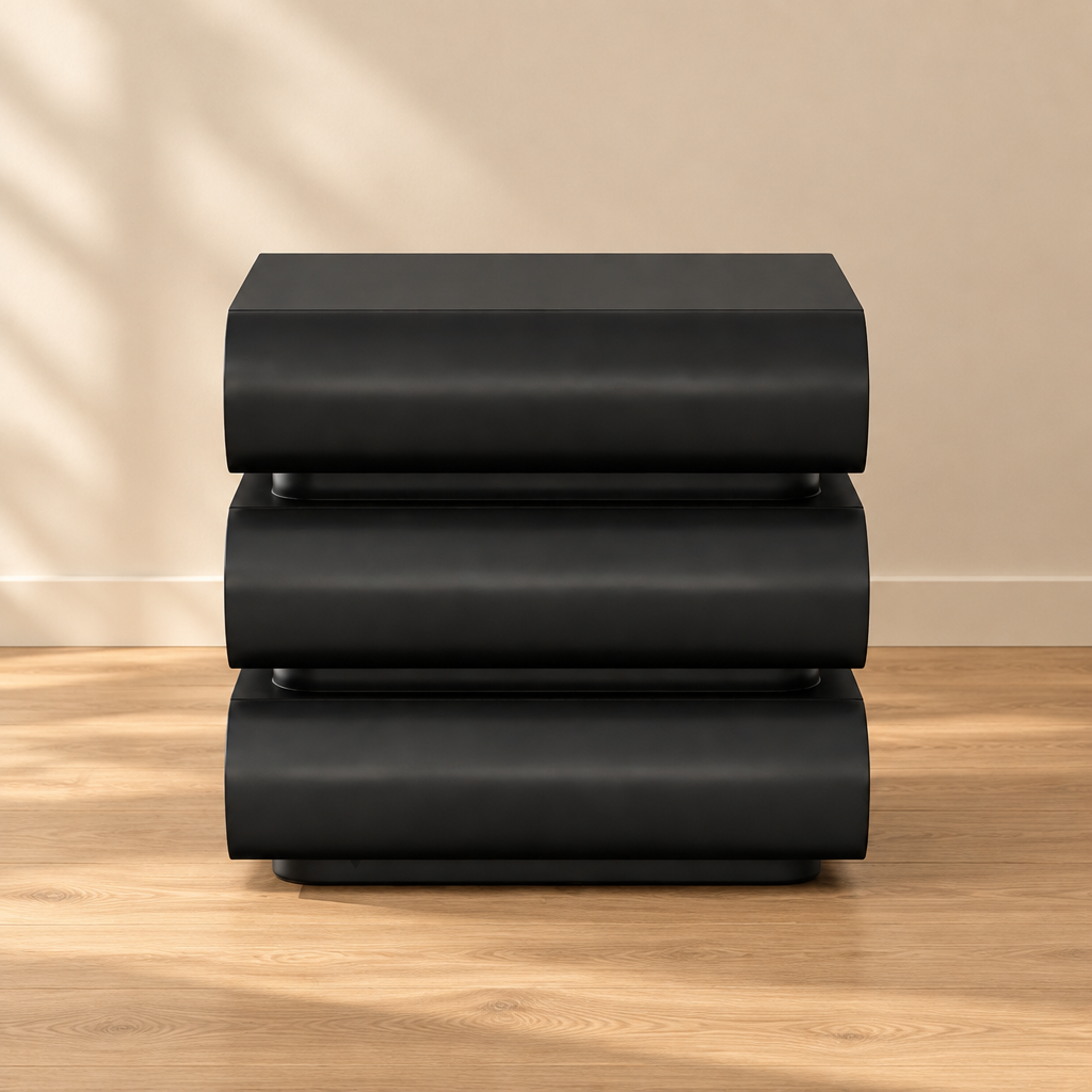 Theo black bedside table on natural wood floor against warm beige wall