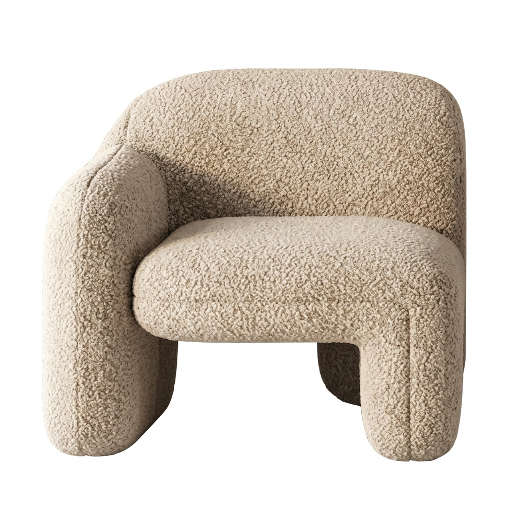 Tovelle single-arm chair in light beige looped bouclé upholstery on white