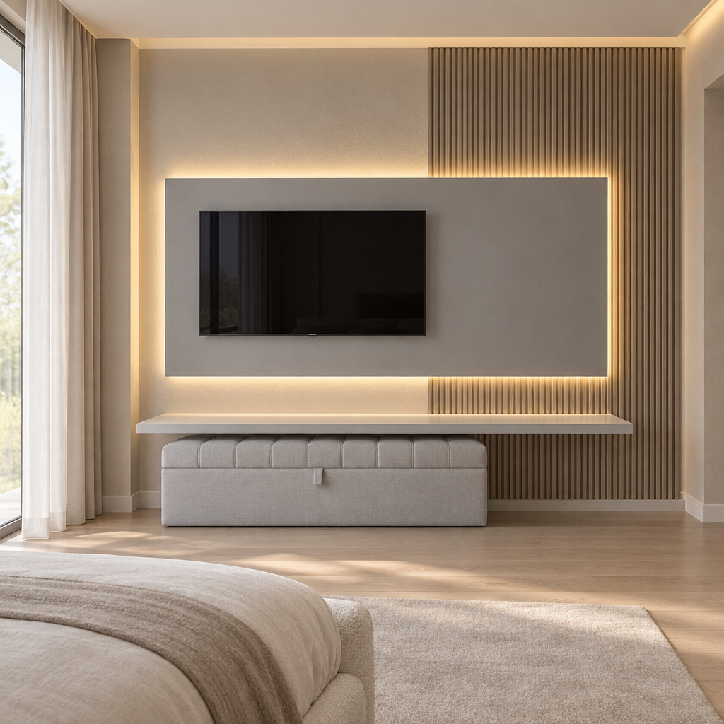 Ivy Handcrafted Bespoke TV Media Wall viewed from the front in a luxury modern bedroom