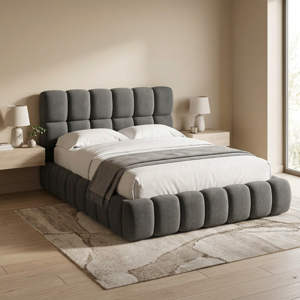 Dorian charcoal bed in a bedroom with fuller padding