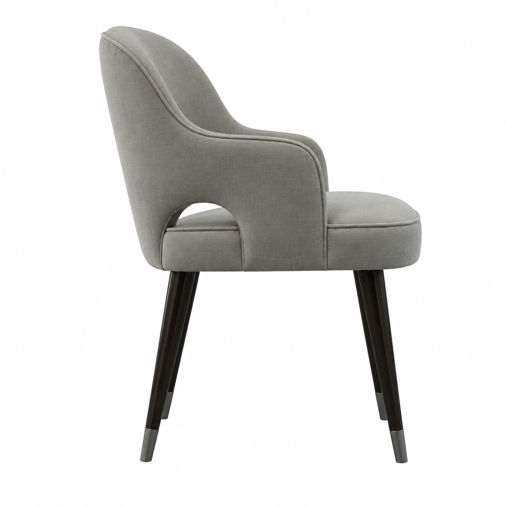 Arlo gray upholstered armchair side view on white