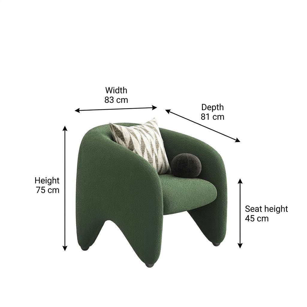Verdelle armchair dimensions: 83 cm wide, 81 cm deep, 75 cm high, seat height 45 cm