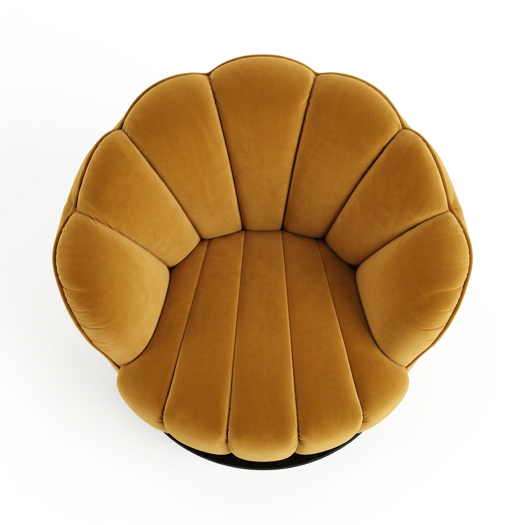 Iselle scalloped velvet armchair, AI-reconstructed overhead view on white