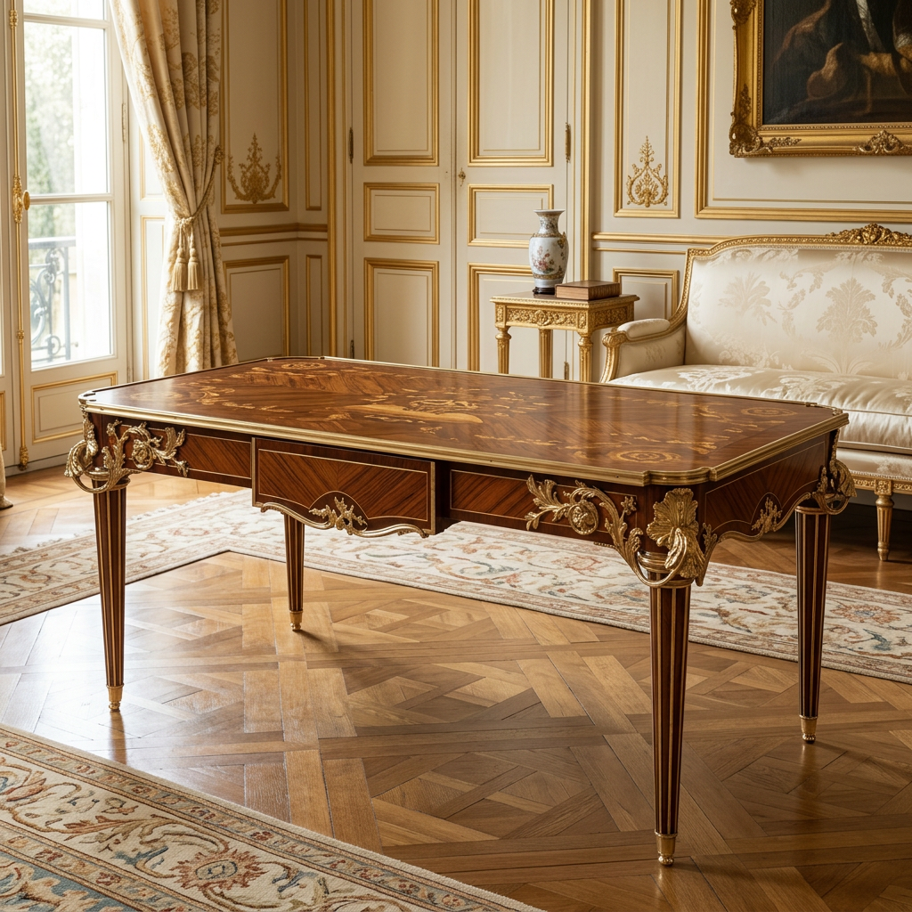 Virelle floral marquetry table displayed in a luxury palace salon