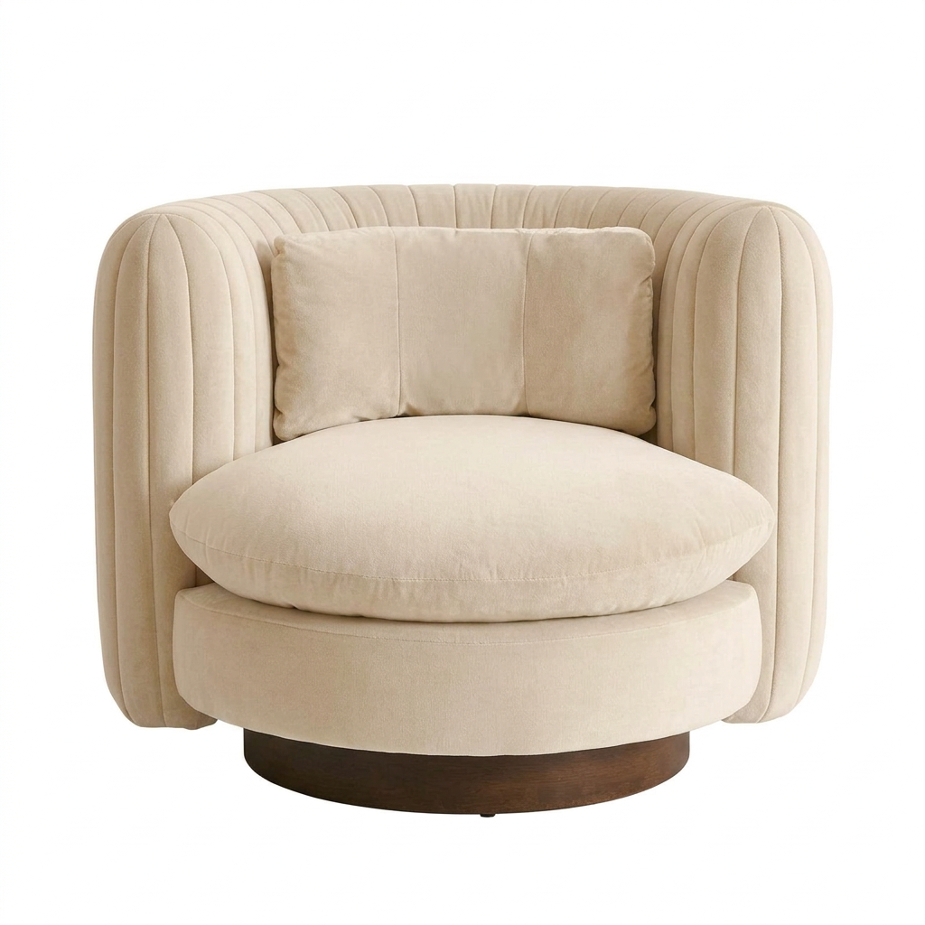 Solenne ivory channelled velvet barrel armchair, front view on white